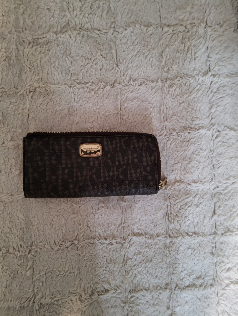 Michael Kors Dark Brown MK Logo Zip Wallet with Gold Hardware